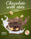 Chunks of chocolate with hazelnuts. A splash of chocolate and milk around the pieces of chocolate.